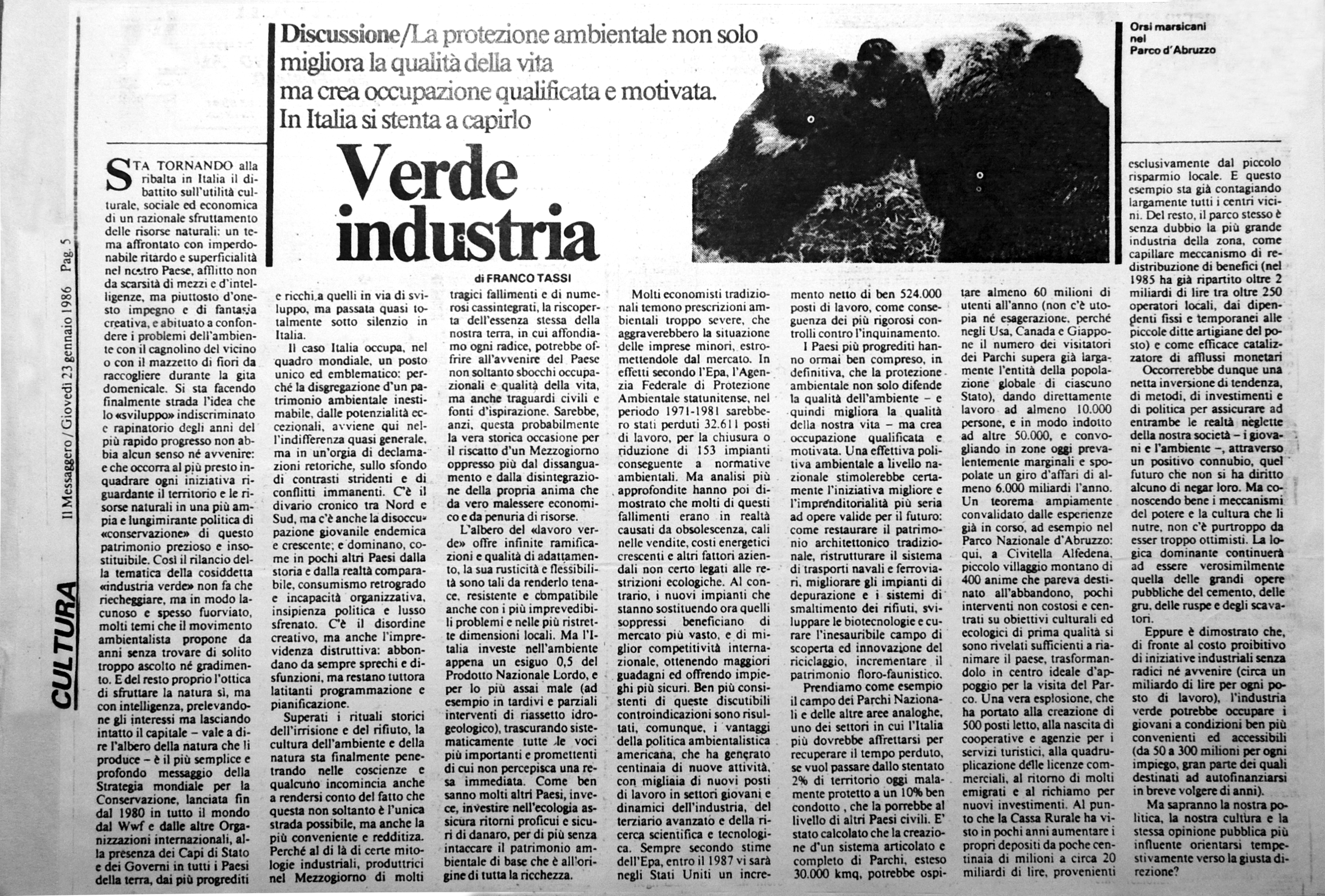 1986.01.23. Messaggero. Tassi, verde industria